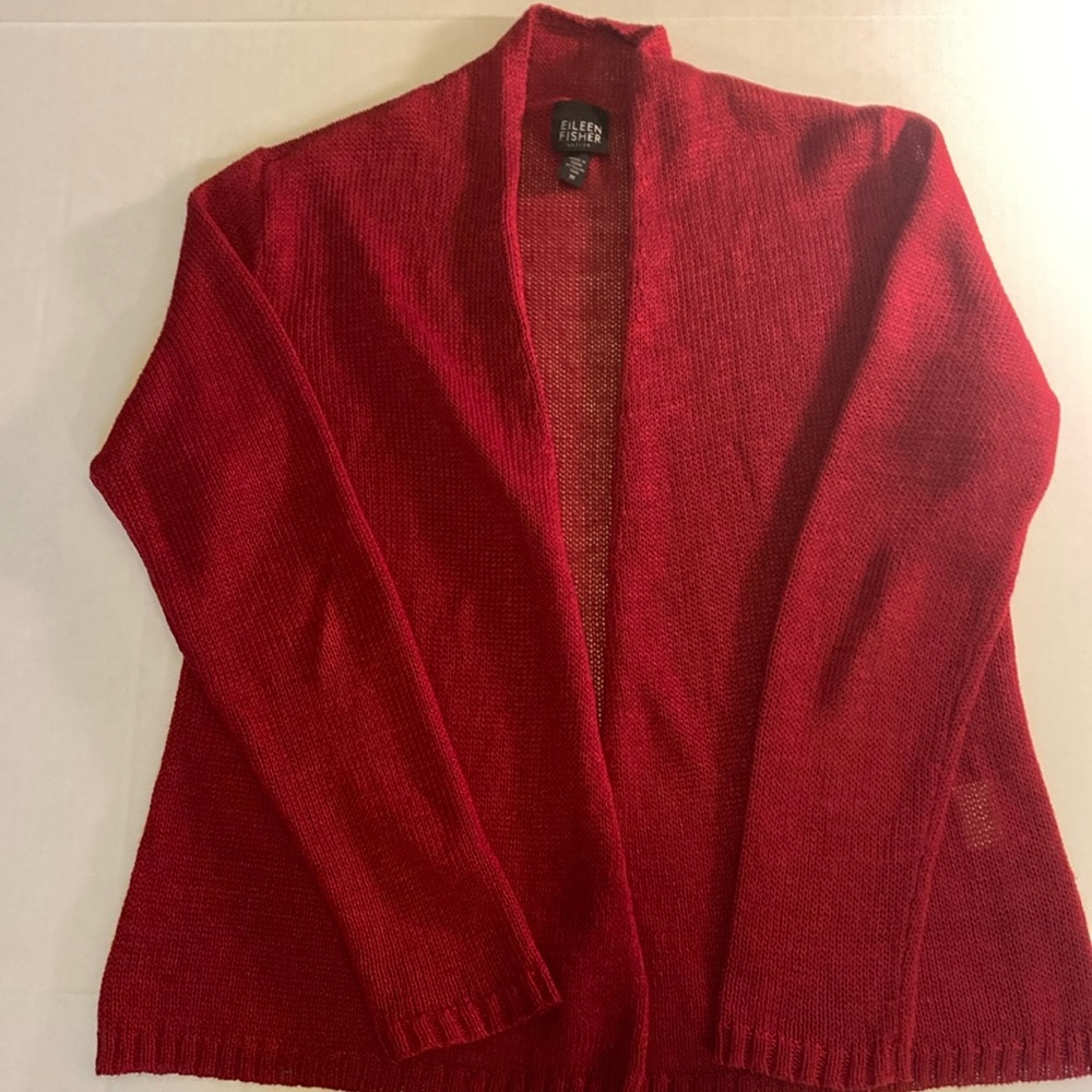Eileen Fisher fall red yarn cardigan knit staple small long sleeve